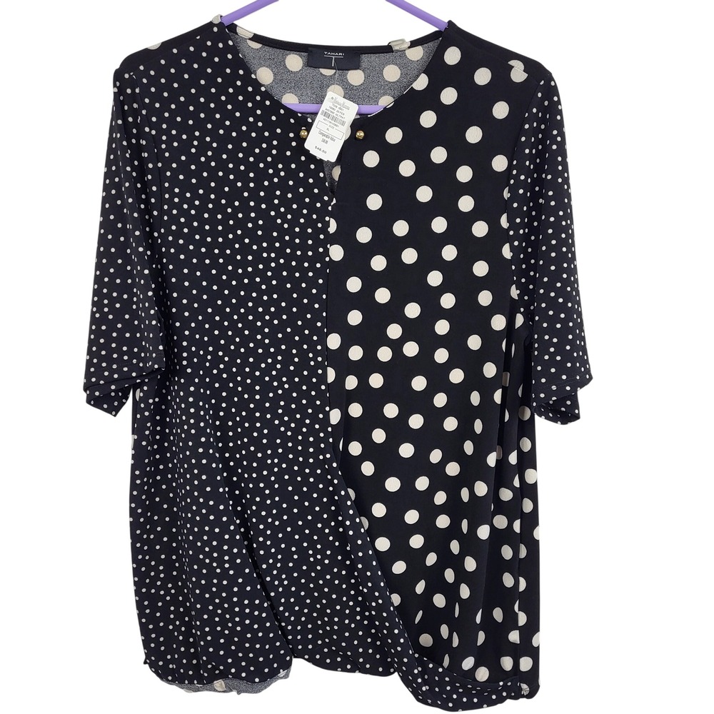 Tahari Womens Blouse XL Black White Polka Dot Mixed Print 3/4 Sleeve NWT